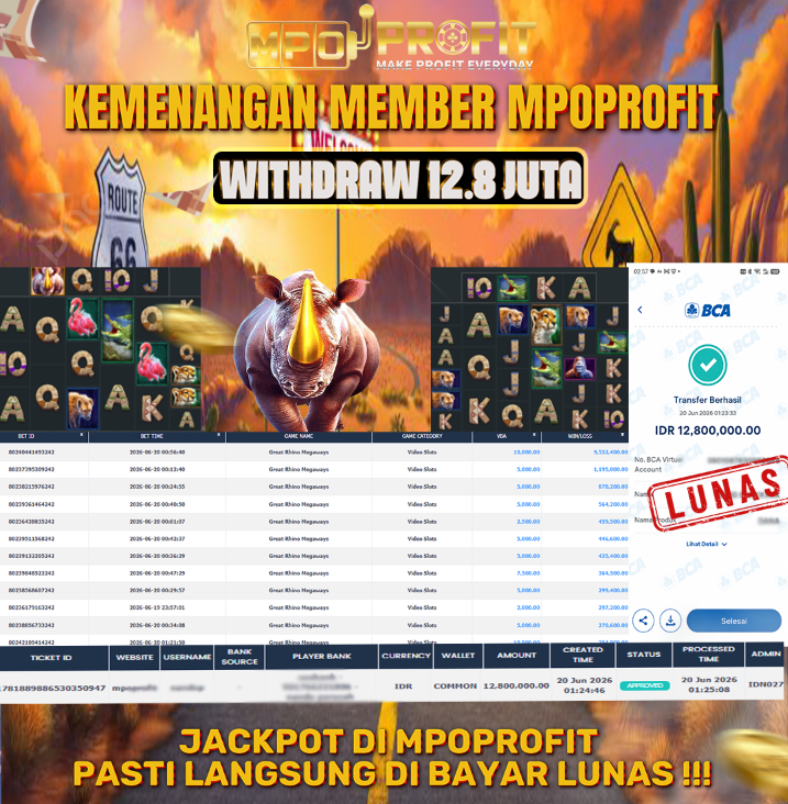 MPOPROFIT JACKPOT SLOT PRAGMATIC! KEMENANGAN MURNI DI (GREAT RHINO MEGAWAYS TOTAL RP 12.800.000,- LUNAS)
